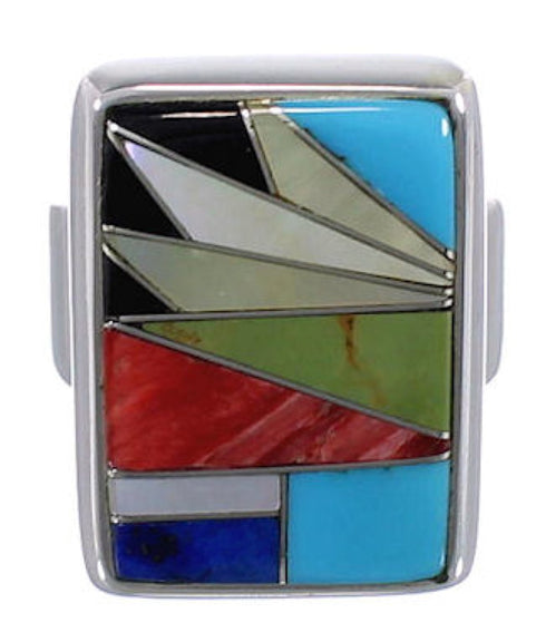 Heavy Sterling Silver And Multicolor Inlay Ring Size 8-1/2 WX37602